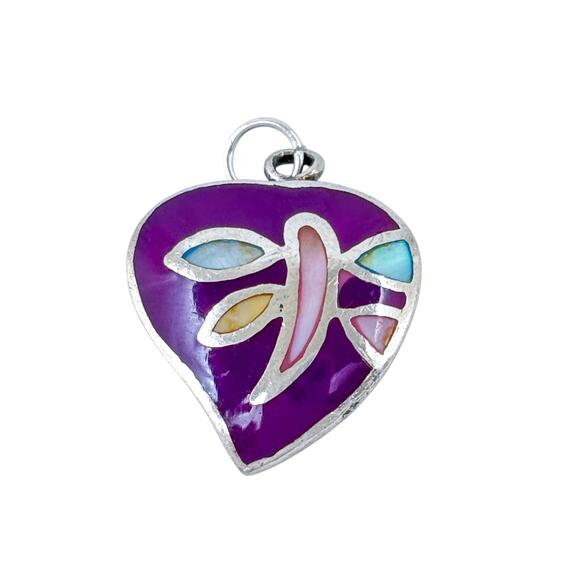 Vintage Sterling Silver 925 Dyed Mother Of Pearl Purple Enamel Heart Pendant - Picture 3 of 8